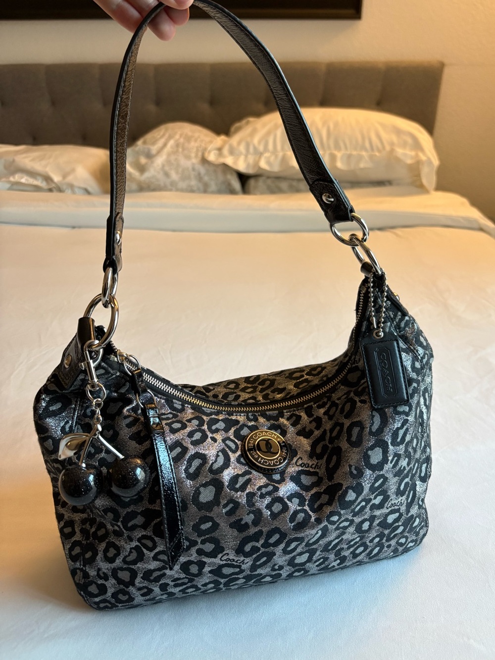 COACH Ocelot Metallic Black/Silver Leopard Print Hobo Shoulder Bag Purse F21063